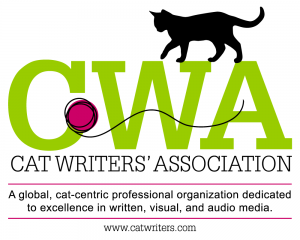 Cat Writers Association Logo showing C W A with cat and ball of yarn, slogan of A global, cat-centric professional organization dedicated to excellence in written, visual, and audio media, and the website address