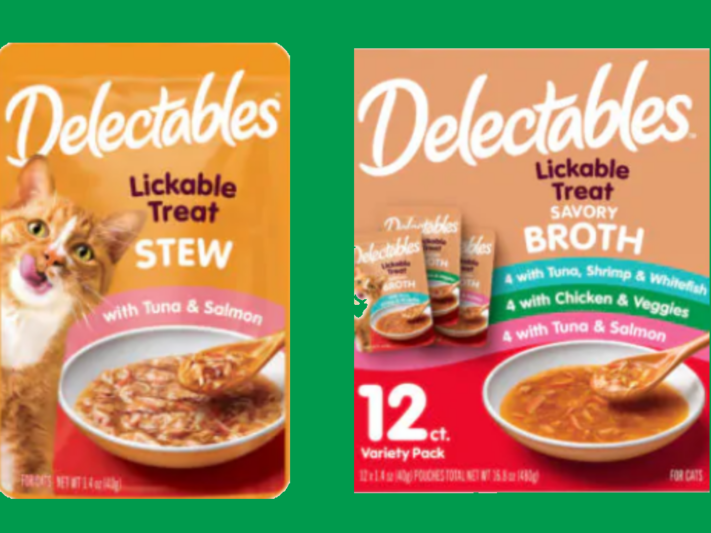 Hartz-Delectables-savory-broth-variety-pack.png	
Front label of Hartz Delectables Lickable Treats Savory Broth variety pack of four cans each of three flavors: Tuna, Shrimp and Whitefish; Chicken and Veggies; and Tuna and Salmon.
Hartz Delectables Lickable Treat Stew in Tuna and Salmon flavor.