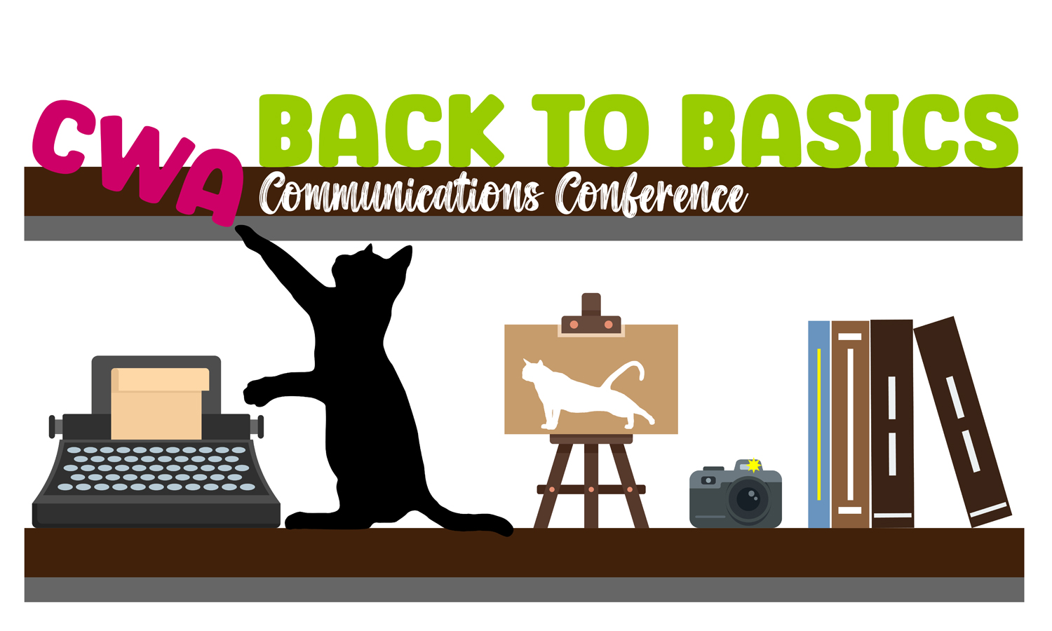 CWA conference back to basics graphic with black cat surrounded by typewriter, easel, camera and books