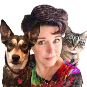 woman posing with a dog and a cat