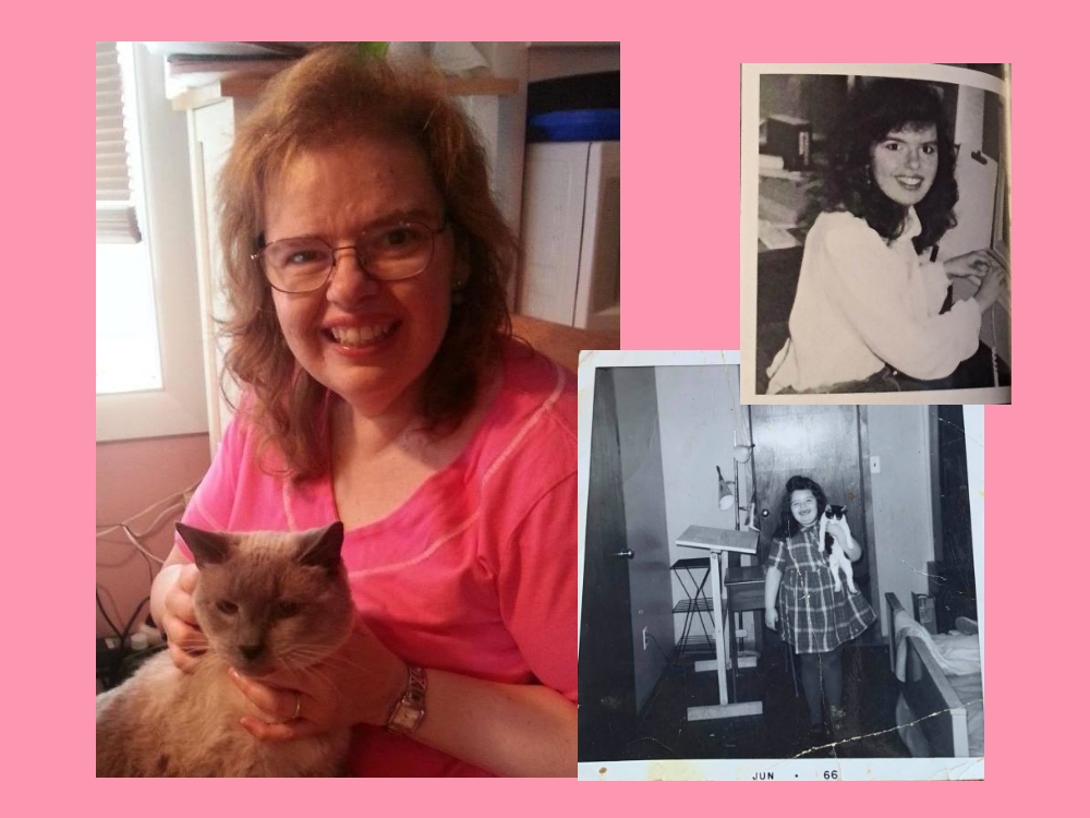 Three photos of the author at different ages, two with cats.