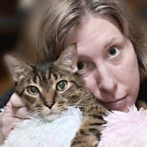 Writer Katherine Kern and her tabby cat Bear
