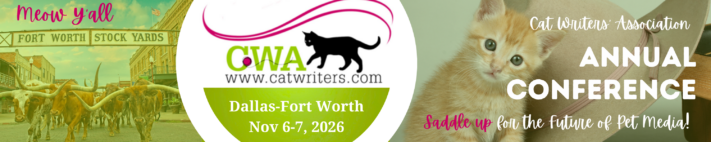 banner reading "Meow Y'all. CWA Annual Conference, Dallas-Fort Worth, TX" with photo of cattle on left and ginger cat on right.