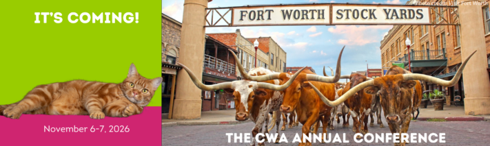Header reading "CWA Conference" with photo of cat and another of cattle walking down a street in Dallas-Fort Worth