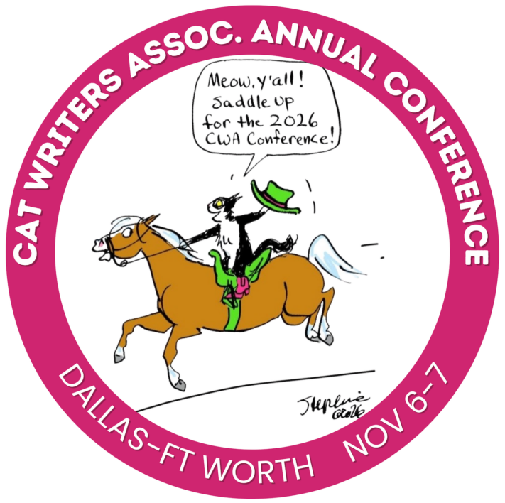 logo image reading Cat Writers Assoc. Annual Conference in circle above cartoon of cat on horse.