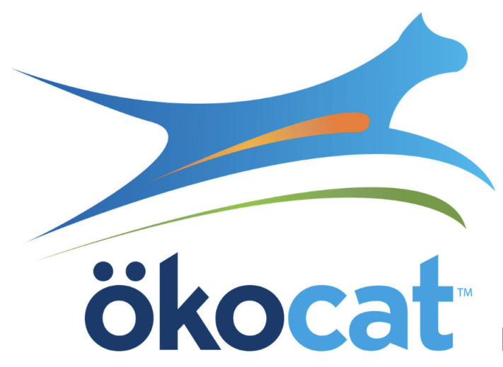 logo for okacat showing abstract silhouette of blue cat running